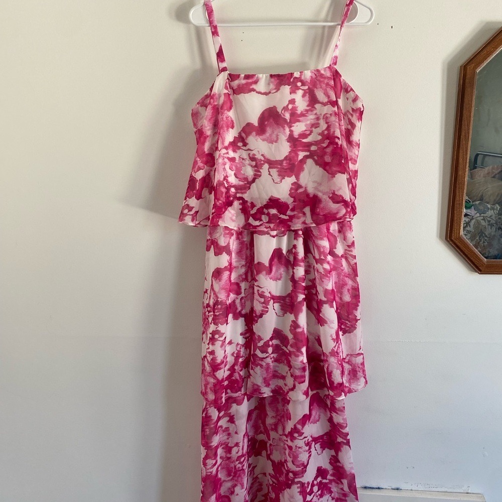 R&M Richards Pink White Watercolor Floral‎ Tiered Popover Maxi Dress Size 14